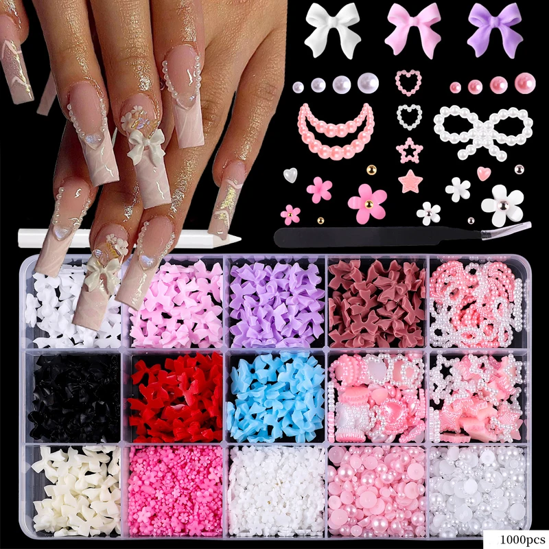 

1000Pcs 3D Kawaii Mini Bow Nail Art Decorations Matte Butterfly Heart Pearl Nails Charms Designs DIY Resin Nail Accessories