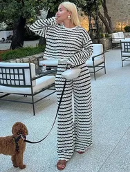 Striped Knittted Top + Pants Suit Women Loose Hollow Out O-neck Short Pullover Wide Leg Trousers Two Piece Set Suit Female 2024