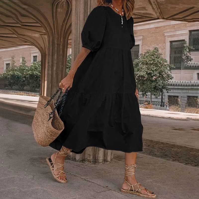 Women's Elegant Solid Color Dress Summer Short Sleeve O-Neck Vintage Harajuku Cotton Linen Comfortable Loose Frill Sundress