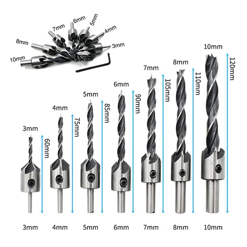 A43F-23-Pack Set di strumenti per foratura per smusso per la lavorazione del legno Set di punte per trapano svasatore a tre punte Dispositivo per smussatura per la lavorazione del legno