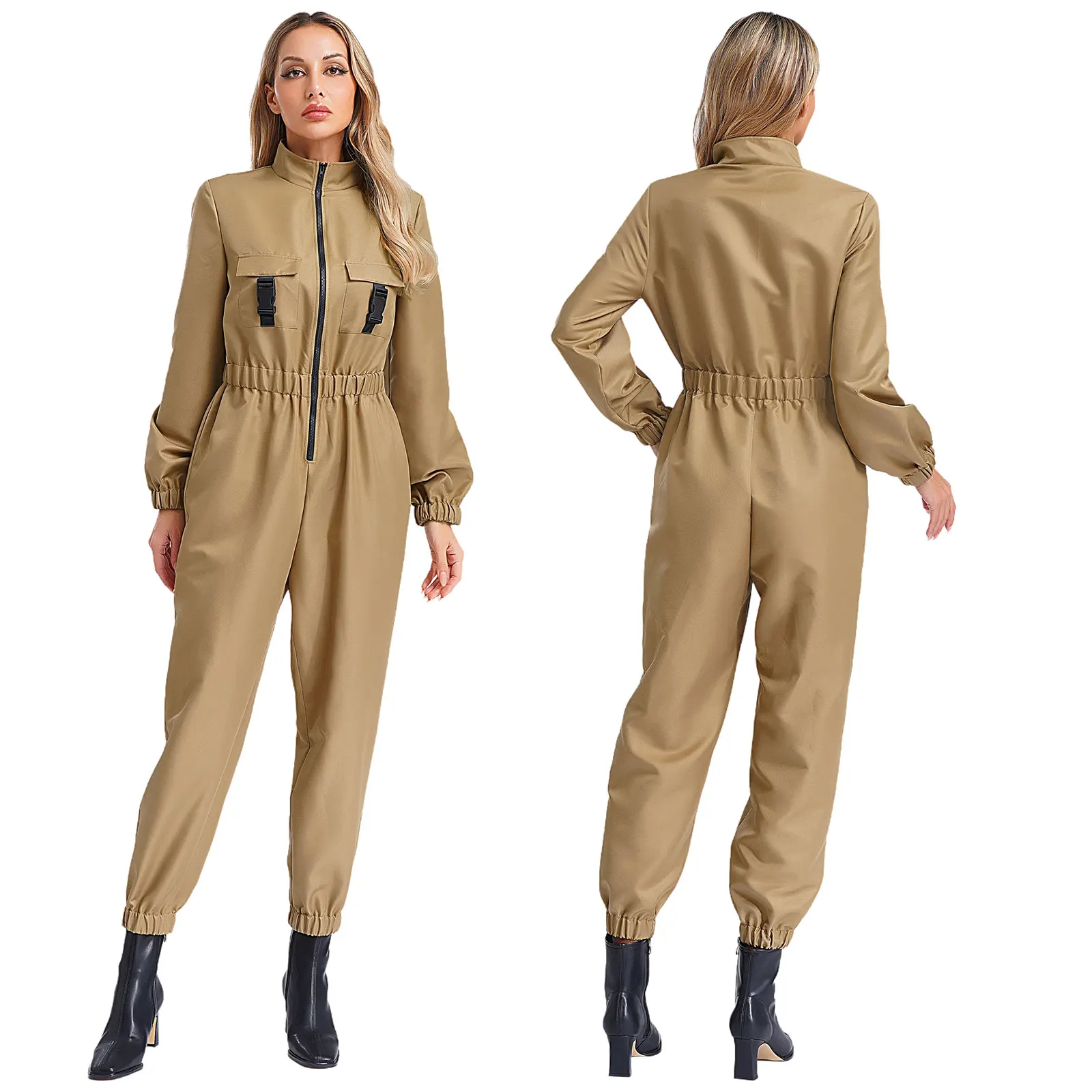 

Women Zipper Coverall Full Body Rompers Cosplay Costume Sand Collar Long Sleeve Elastic Waist Jumpsuit with Pockets Working Wear