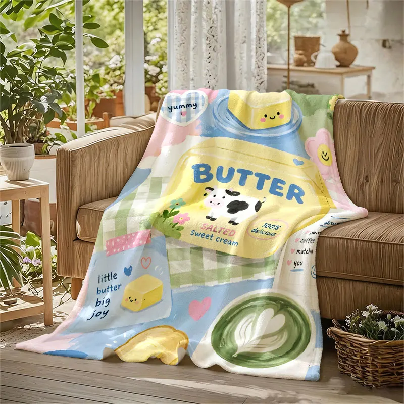 Cute Butter Matcha Pink Flannel Blanket Perfect for Sofa Office Bed Travel Sleep Read Relax Camping Four Season Use