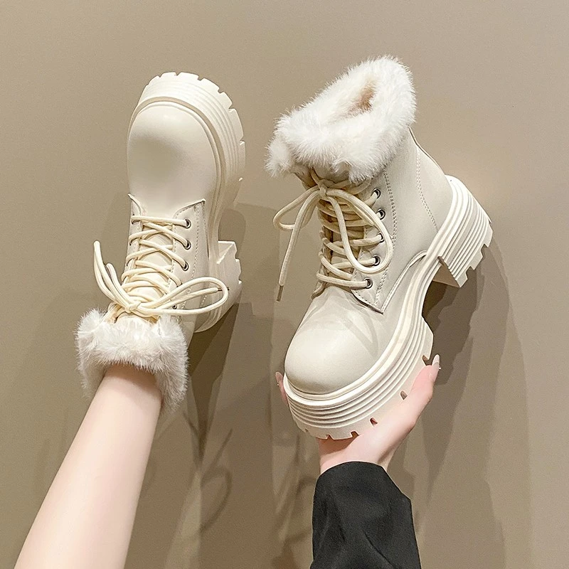 

2025 Winter Fluffy White Fur Women Short Snow Boots Fashion Plush Warm Platform Booties Comfort Square Heel Ladies Shoes