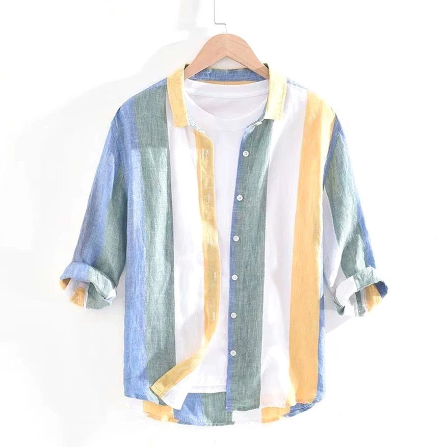 Premium Cotton Linen Men's Shirt Skin-friendly Breathable Loose Short Sleeve Southeast Asian Style Linen Shirt Stripe Shirt