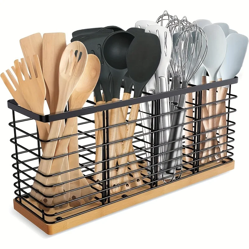 1 Adjustable Iron Kitchen Utensils Rack，with 4 One Compartment，Matte Black Metal Bracket，With Wooden Base