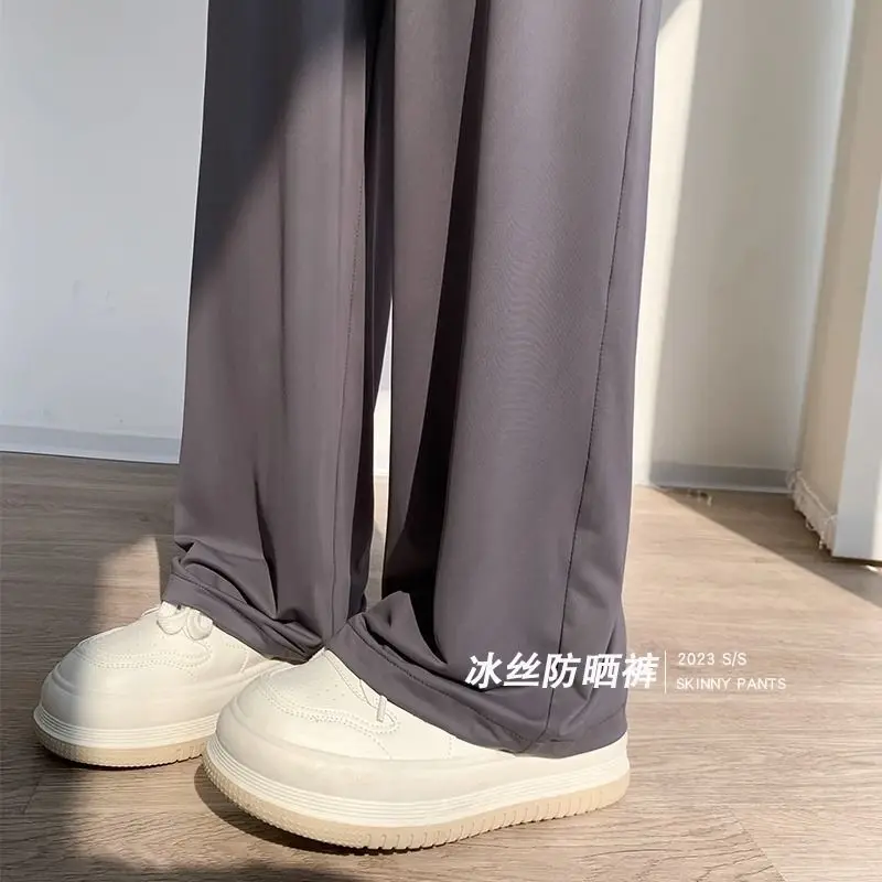 Summer High Waisted Wide Leg Pants Thin Sun Protection Elastic Waist Ice Silk Cool Quick Drying Casual Trousers Women Clothing