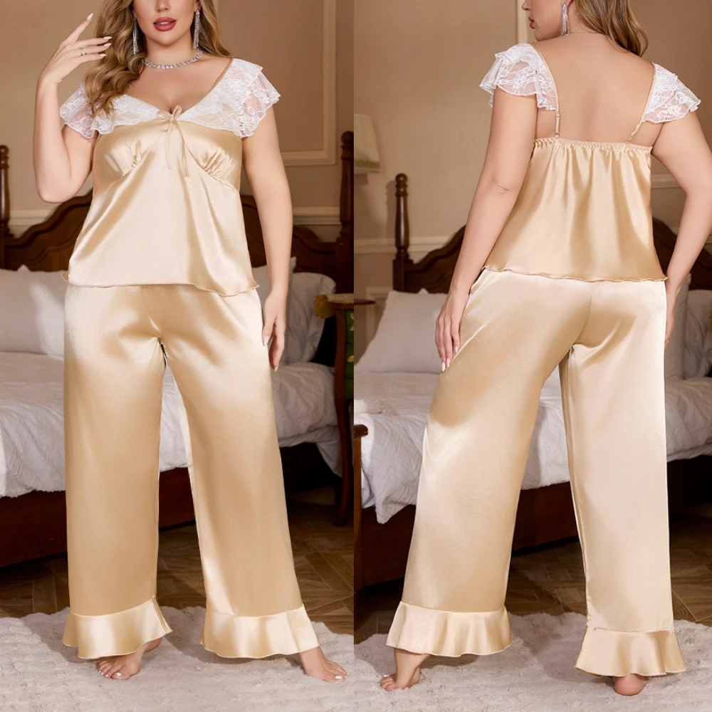 Krismile Ice Silk Plus Size Pajama Sets Women 2025 Summer New Sexy Backless V Neck Flying Sleeve Top Ruffles Loose Trousers