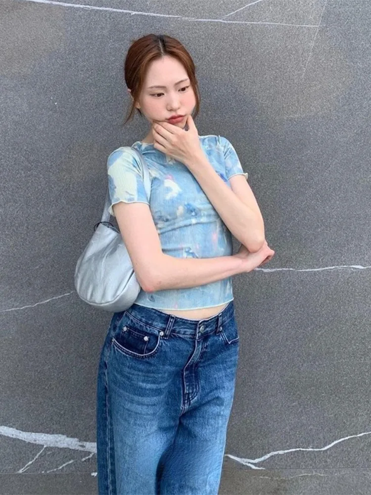 2024 Summer Harajuku Vintage Print t-shirt Streetwear Ruffled Y2k estetica Slim magliette donna Grunge Blue Bottoming Crop top