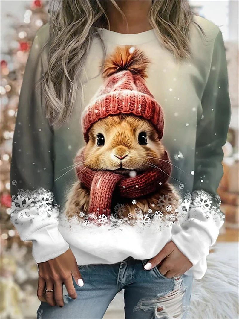 

Christmas Cute Rabbit Printed women's round-neck sweatshirt Fashion Streetwear Female Hoodie Pullover Oversized women Clothing
