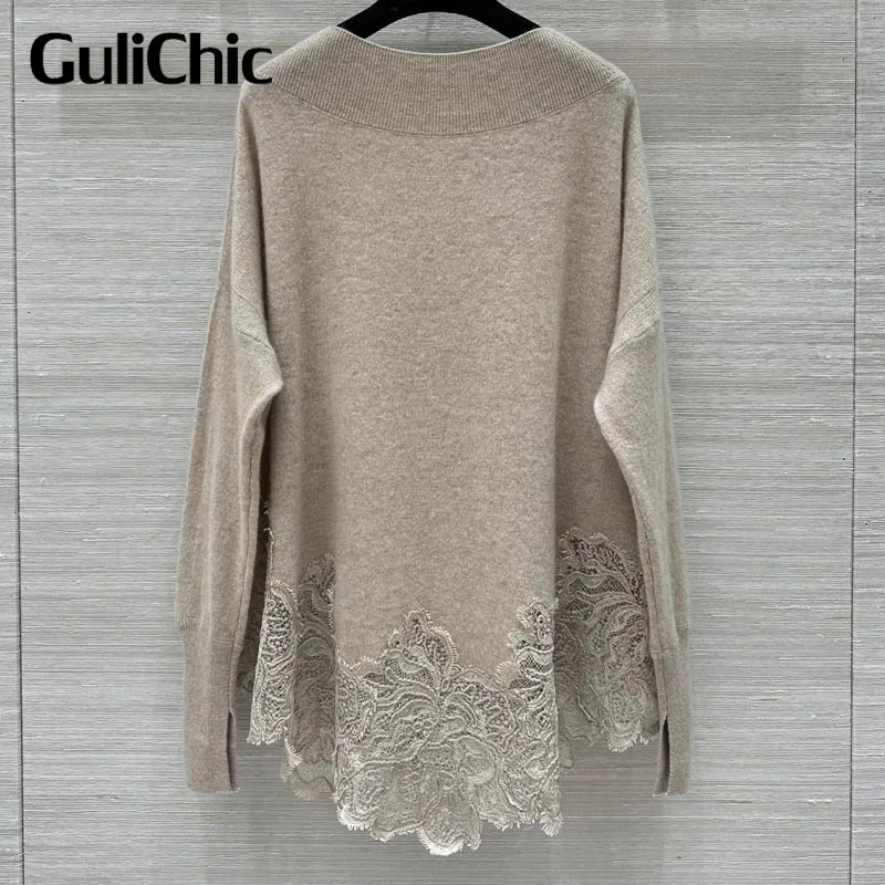 10.4 GuliChic Women Fashion Cashmere Lace Print Applique Knitwear Elegant Temperament Solid Color Long Sleeve Sweater