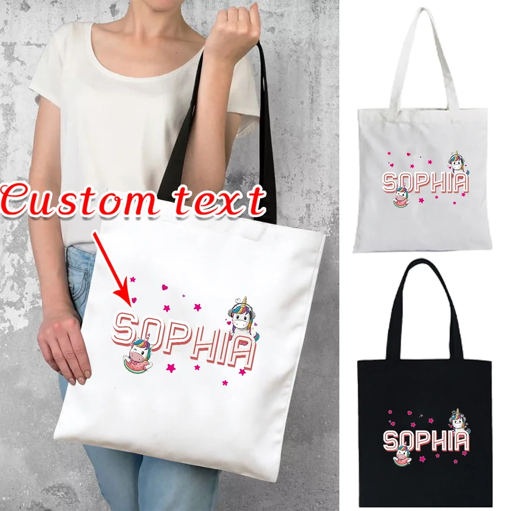 Customized Name Shopping Bag Women's Black Canvas Handbag Casual Shoulder Bag Work Commuter Storage Bag Customized Product