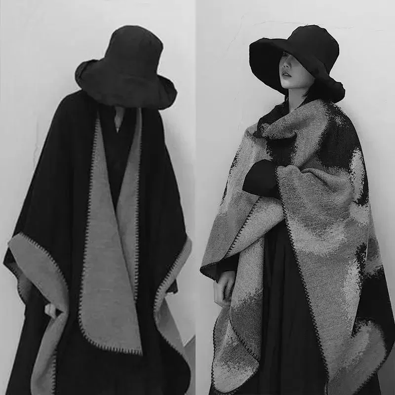 

Female Personality Niche Dark Shawl Breathable Nordic Imitation Cashmere Tie-dye Jacquard Black and White Double-sided Shawls