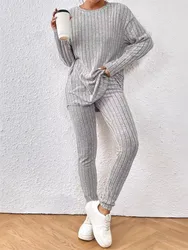 Casual O-neck Two Piece Set Women Outfits Autumn Winter New Fashion Solid Knitted Long Sleeve Sweater Elegant Loose Pants Suit