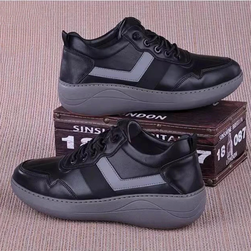 Elastic Band Genuine Leather Casual Shoes Men Thick Soles Increase Loafers Breathable Shock Absorption Lightweight Shoes Black