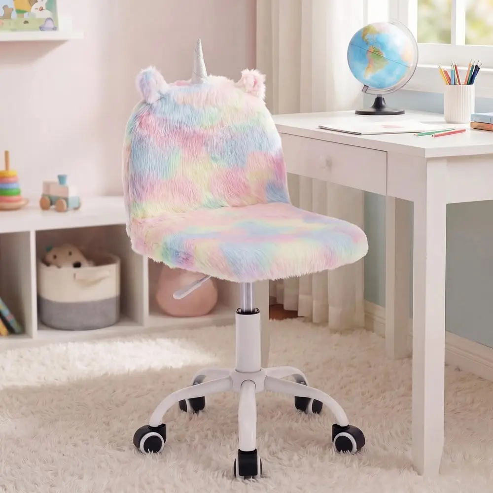

Fuzzy Kids Chair Funny Rolling Study Desk Chair Colorful Girls Vanity Swivel Chair with White Foot