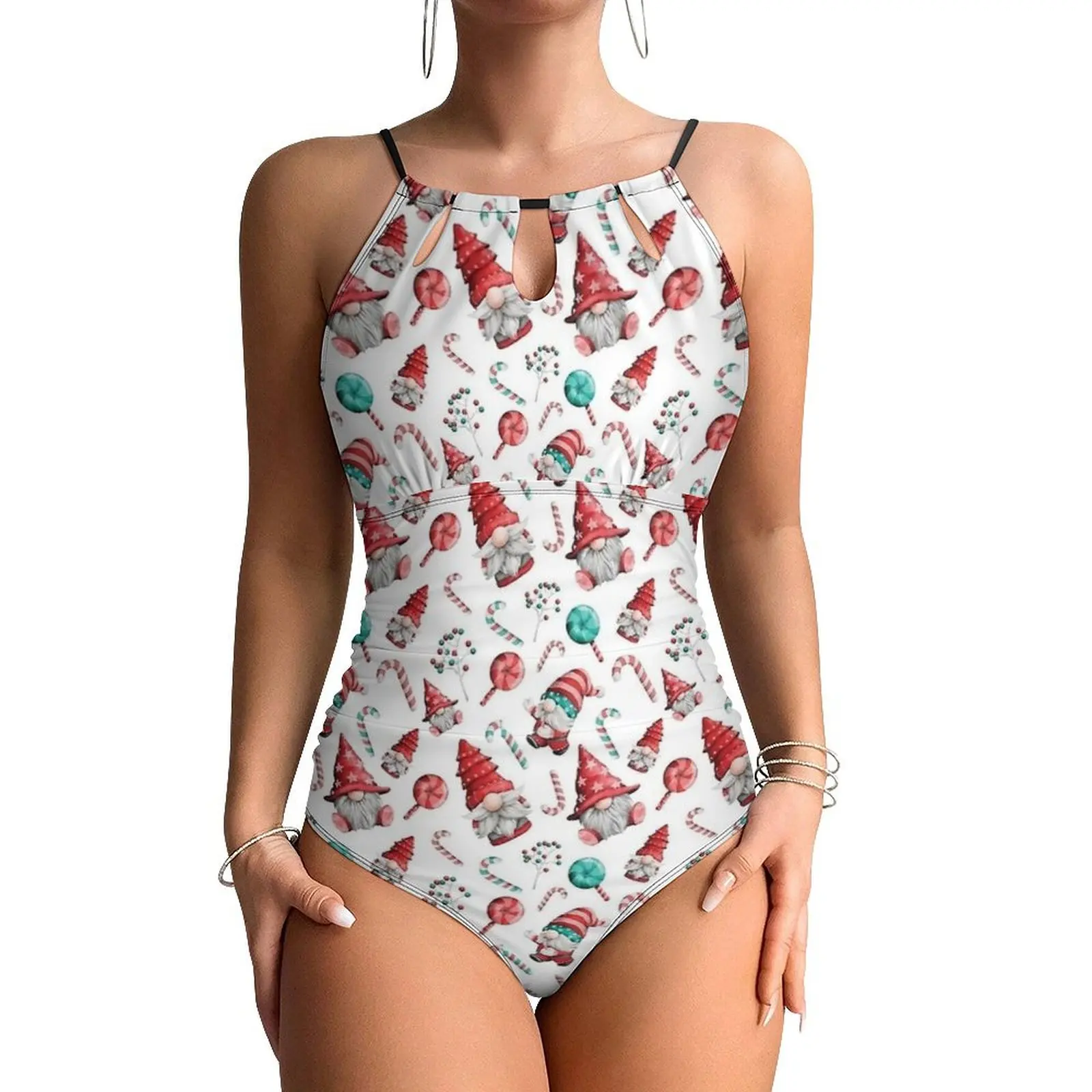 Christmas Gnomes Cute Swimsuit Swimwear One Piece Holiday Swim Bodysuit Halter Bathing Suit Female Push Up Sexy Beach Outfits