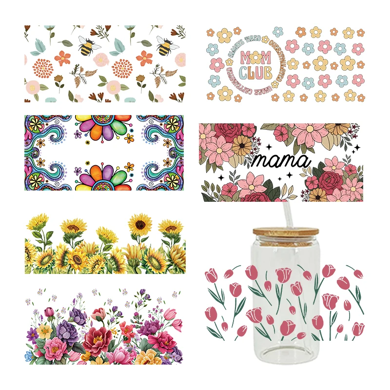 Beautiful Flowers UV DTF Cup Wraps Transfer Sticker For Glass Libbey Can Bottle Selfadhesive Washable DIY Custom D6414