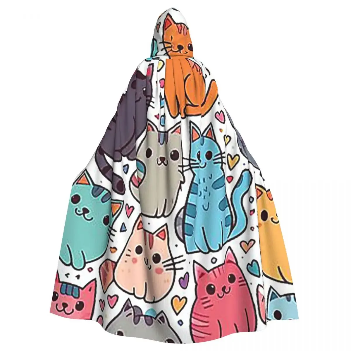 Adorable Cartoon  Prints Cat Long Hooded  Witch Medieval Costume Cosplay Cape HalloweenCoat Adult Unisex