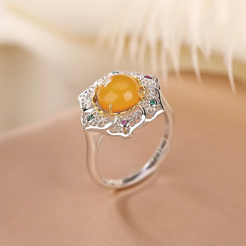 S925 Sterling Silver Amber Fashion Hollow Cloud Pattern Earrings And Ring Versatile Two-Piece Set