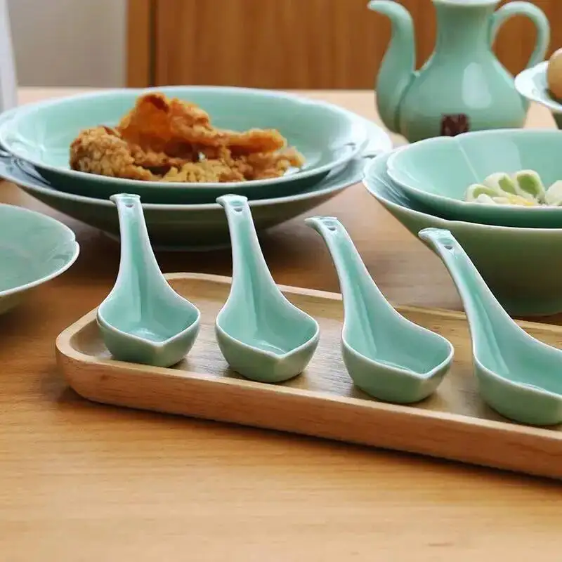 Longquan Celadon Spoon Tableware Flat Bottom Soup  Congee Spoon Ruyi