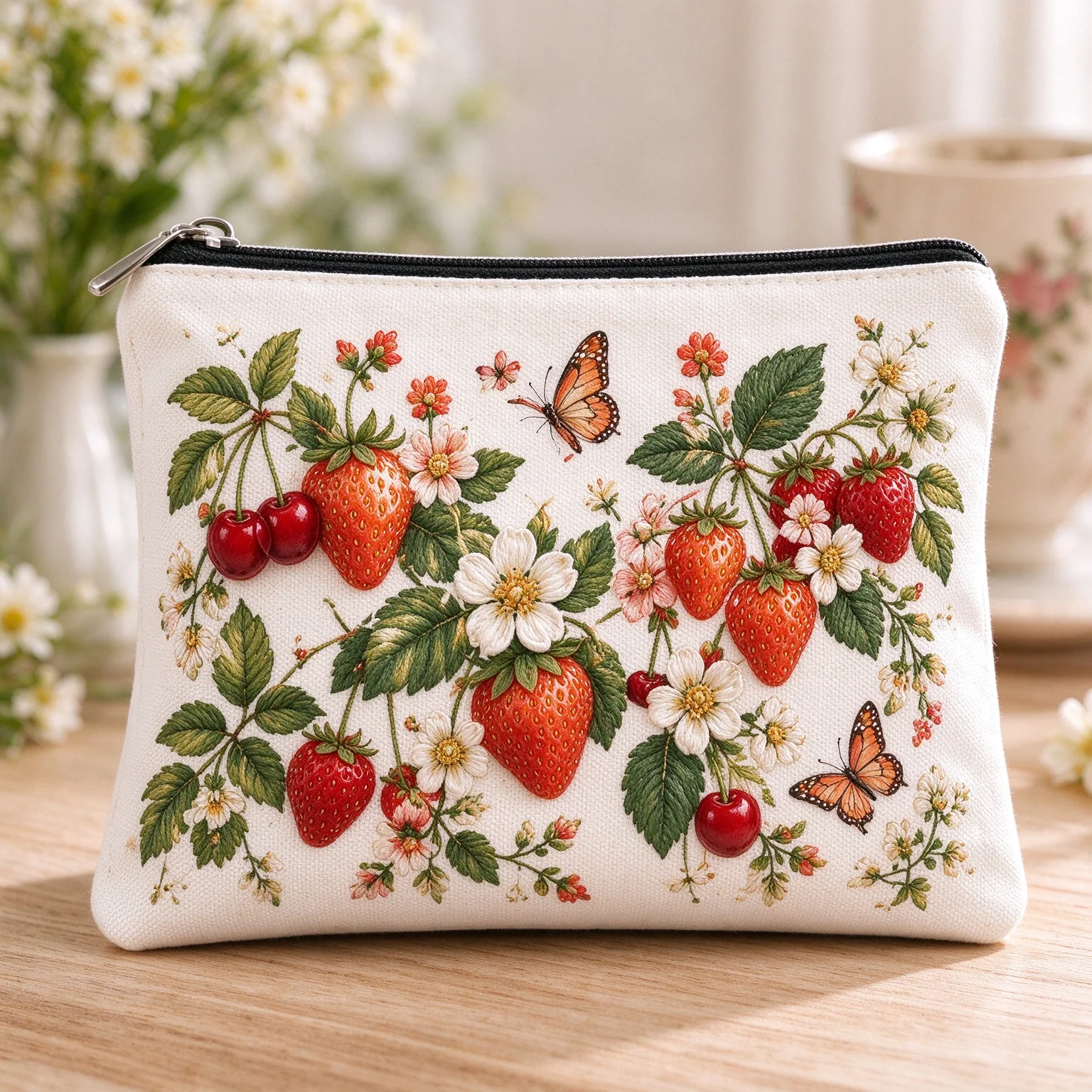 Strawberry Cherry Floral Canvas Cosmetic Bag Cottagecore Fruit Garden Print Travel Toiletry Pouch Makeup Organizer Bag for Women