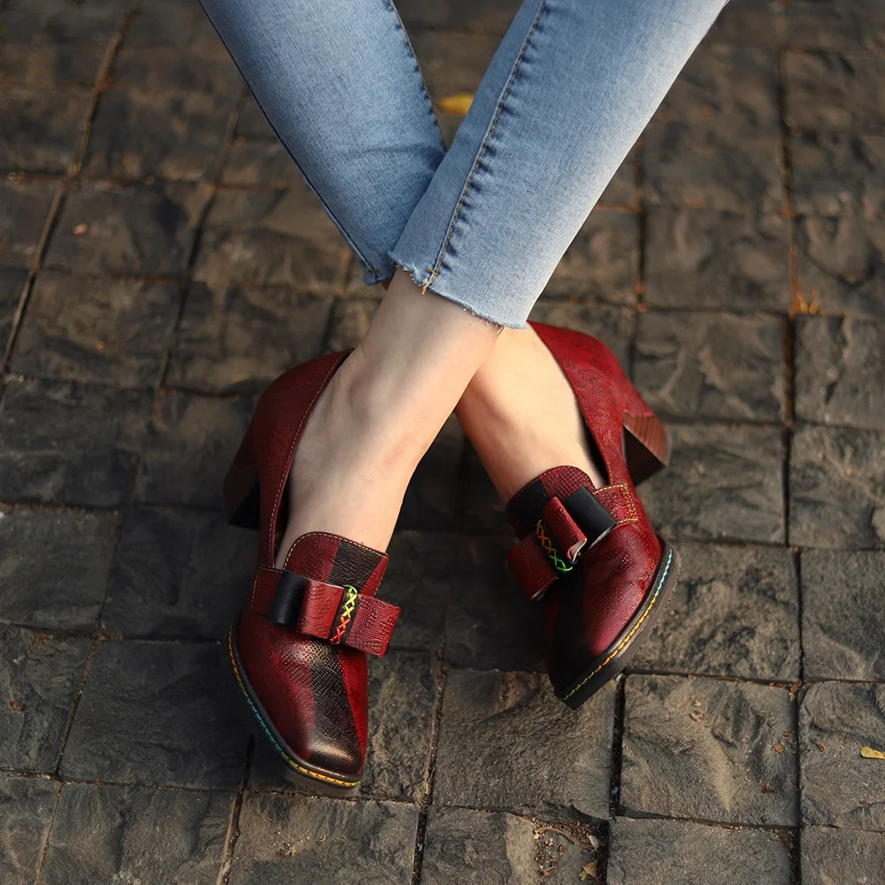 

Retro leather red print casual spring new style spot ladies thick heel single shoes high heels