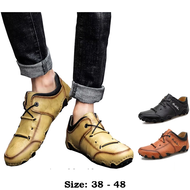 

мужская кожаная обувь-лодочка высокого качества с низким вырезом и круглым носком удобная новинка 2025 года осень-зима повседневная обувь больших размеров коричневый желтый