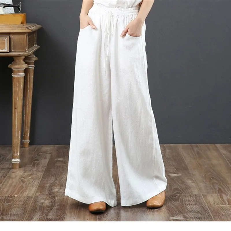 High Waist Casual Wide Leg Cotton Linen Pants Women's Comfortable Breathable Trousers for Mid-aged Neutral Style Other