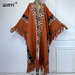 WINYI Winter Women Fringed cardigan print abaya dubai luxury Coat Loose OverCoat Warm Female Christmas outerwear long down dress