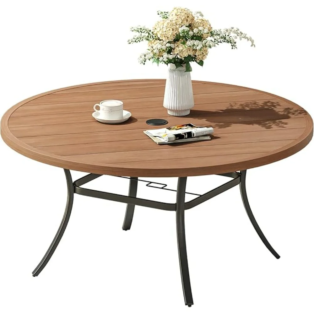 

Circular terrace dining table, metal outdoor dining table with umbrella hole, can accommodate 6-8 people, 54 inch walnut wood