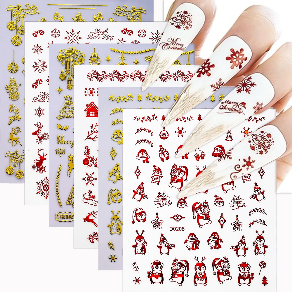 12Pcs Christmas Nail Art Stickers Decals Self-Adhesive Pegatinas Uñas Gold & Red Nail Supplies Nail Art Design Decor Accessories