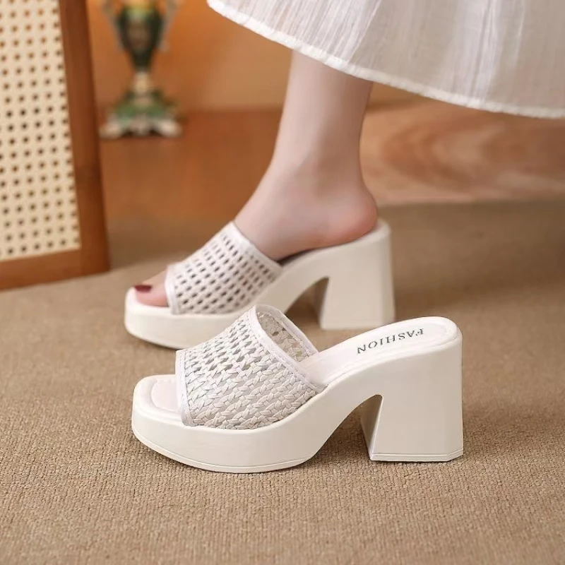 

Women Woven Hollow Out One Word High Heel Slippers Summer New Thick sole Non Slip Breathable Outdoor Block Heel Slippers