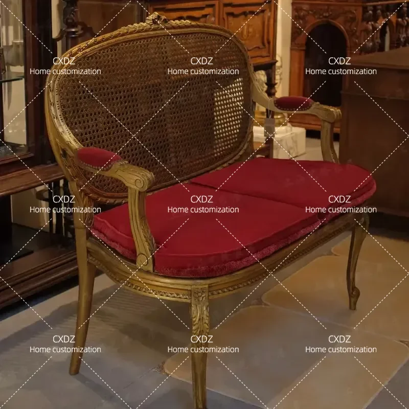 Solid Wood Leisure Chair Retro Double Rattan Sofa Gold Carved Living Room Furniture Customizable