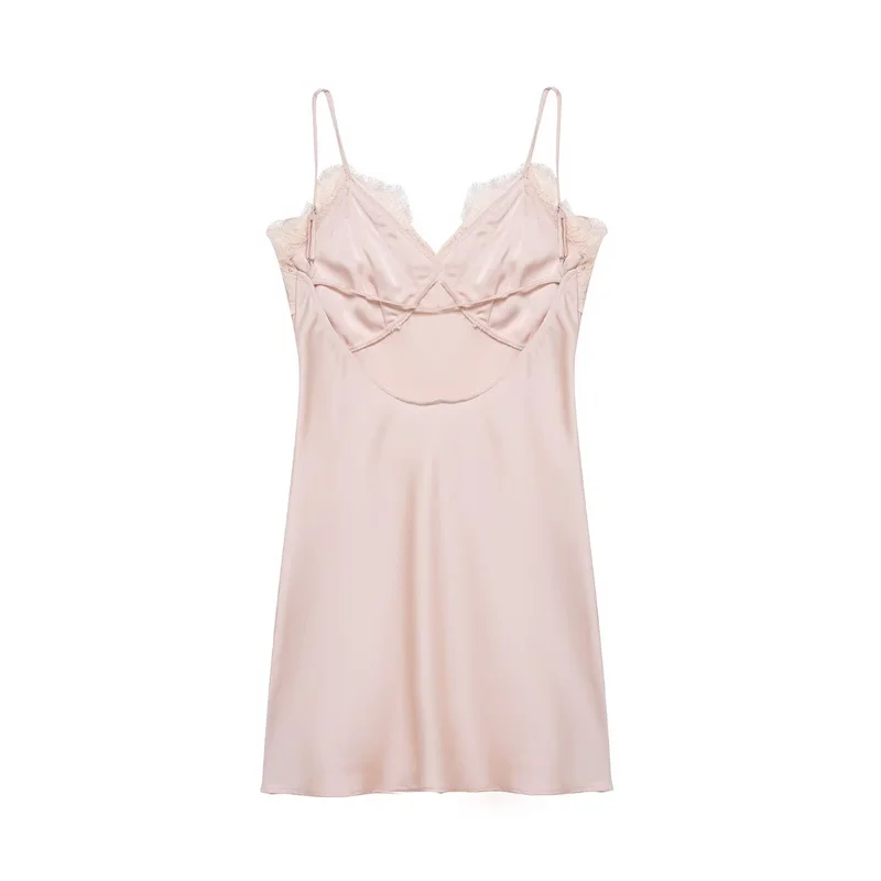 Abito da donna 2025 Inverno Nuovo stile Mini abito sottoveste in pizzo rosa simile al raso Alla moda e alla moda