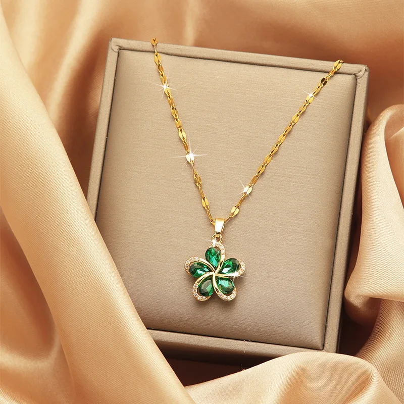 Stainless Steel Green Zircon Flowers Pendant Necklace For Women New Luxury Girls Lucky Chain Birthday Jewelry Gifts image 5