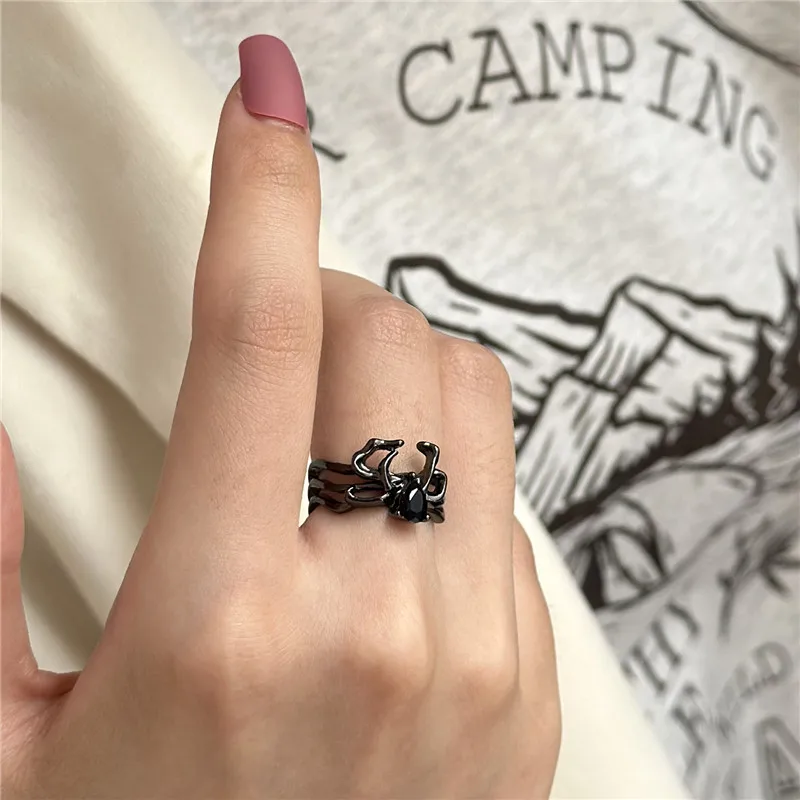 Gothic Punk Unregelmäßige Spinne Öffnung Ring Frauen Männer Mode Zirkon Schwarz Kristall Dark Tier Ring Hip Hop Party Finger Schmuck – Detail 37
