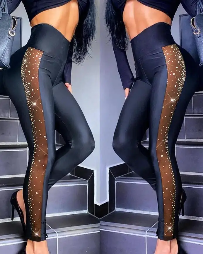 

Women's Long Pants 2025 Spring/Summer New Women's Casual Water Diamond Contrast Mesh High Waist Tight Pants