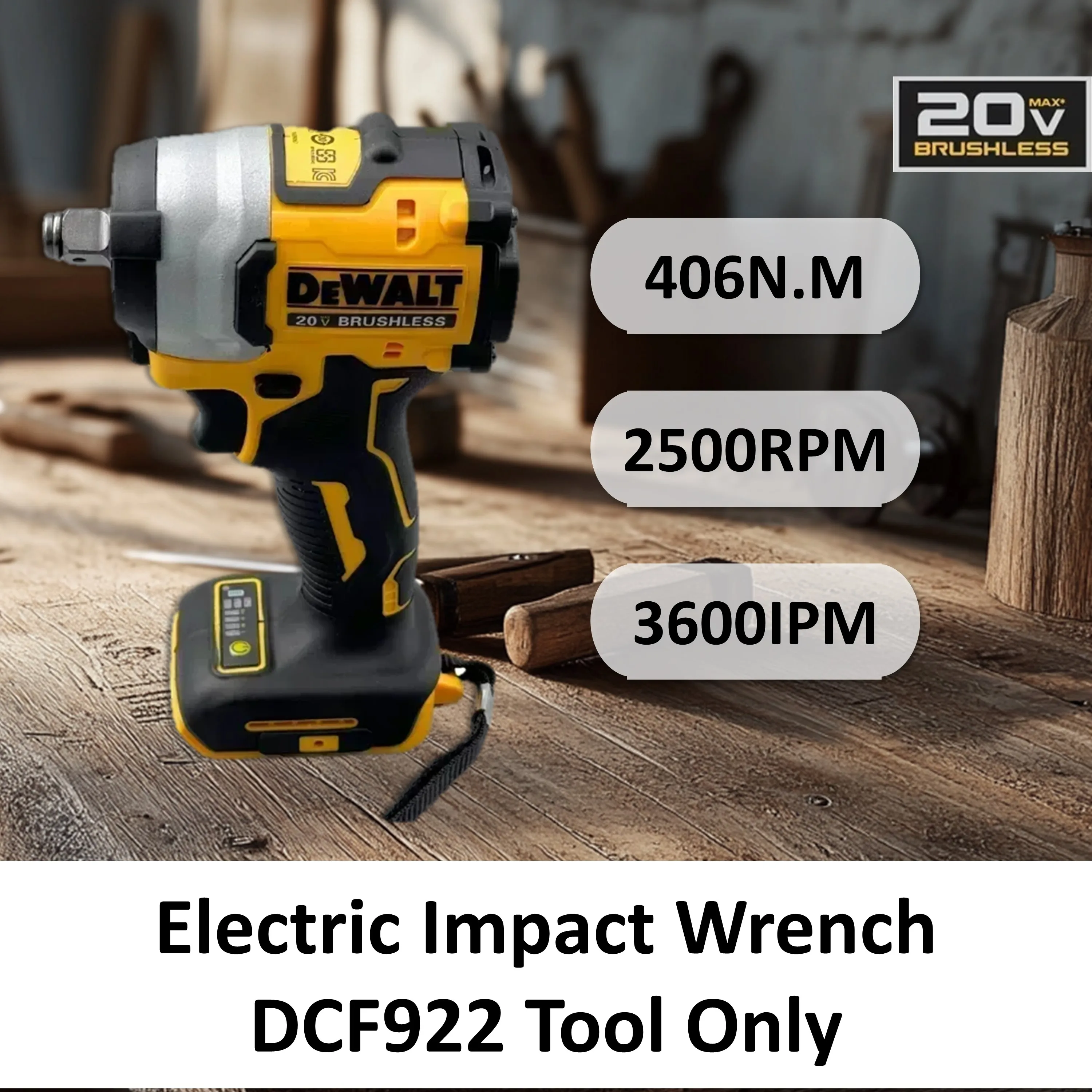 Dewalt DCF922 Electric Impact Wrench Rechargeable High Torque 406Nm(Reverse) 1/2" 2500 RPM Universal 20V Battery Power Too