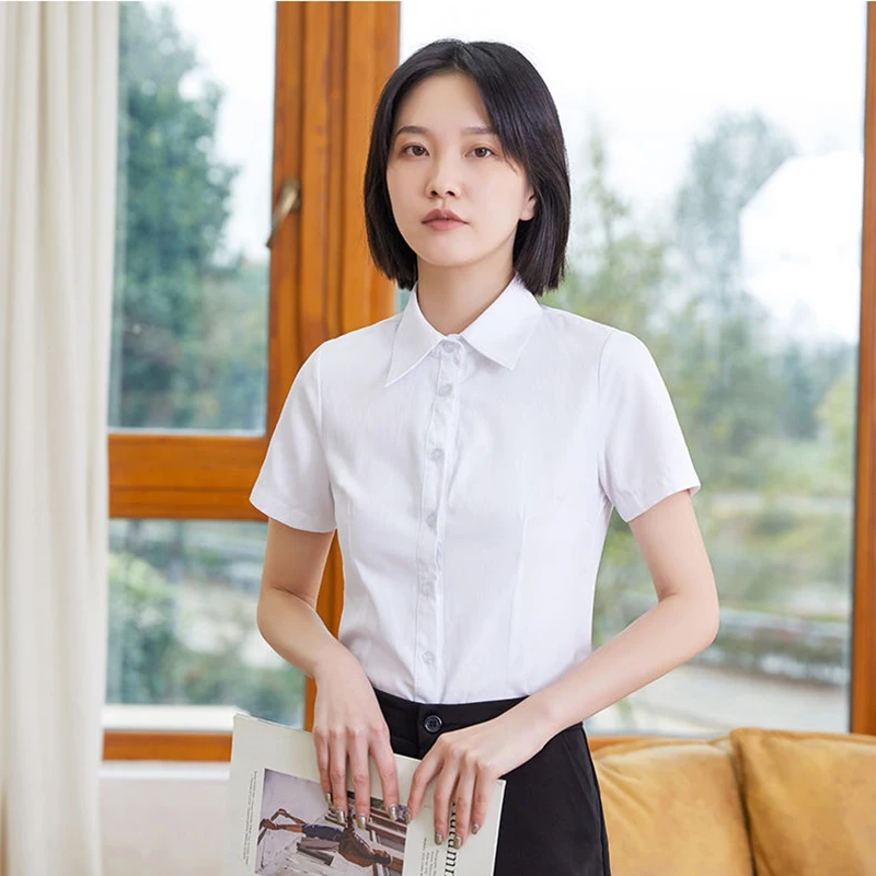 Y2K Women White Shirt Korean Casual Office Turn Down Collar Female Short Sleeve Blouse Fashion New Button All Match Ladies Tops