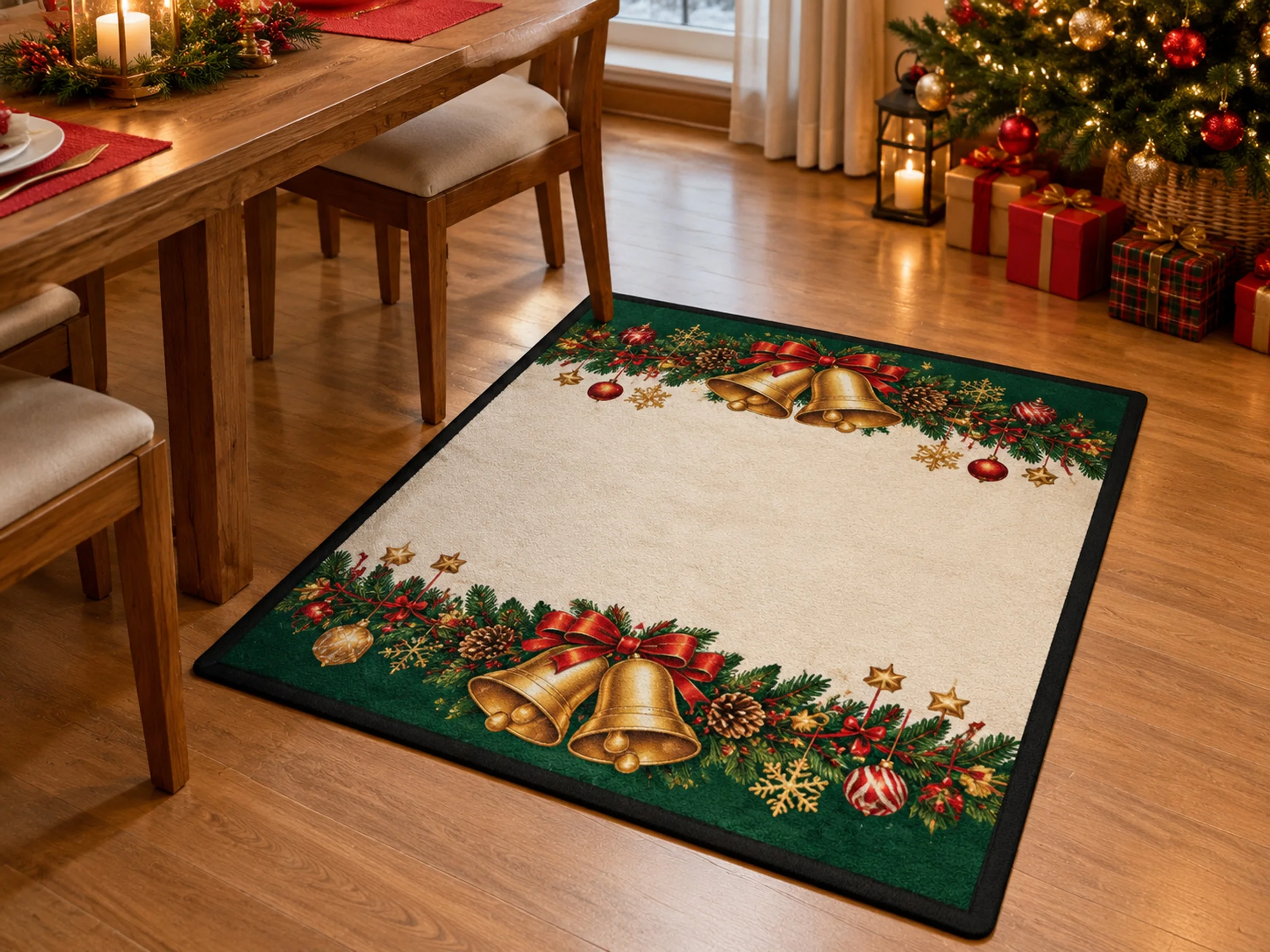 VIKAMA Christmas Green Gold Bell Flannel Door Mat, Washable Quick Dry Xmas Mat, Xmas Decor for Laundry, Playroom, Dining Room