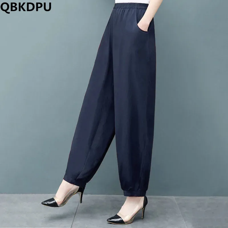 

Summer Elastic Waist Mom Casual Lantern Pants Oversize 5XL Baggy Cotton Silk Pantalones Korean Fashion Ankle-Lengt Sweatpant New