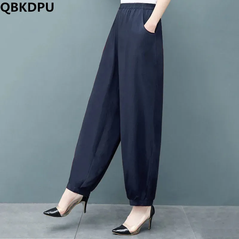Verão Cintura Elástica Mãe Casual Lanterna Calças Oversize 5XL Baggy Algodão Silk Pantalones Moda Coreana Tornozelo-Lengt Sweatpant Novo