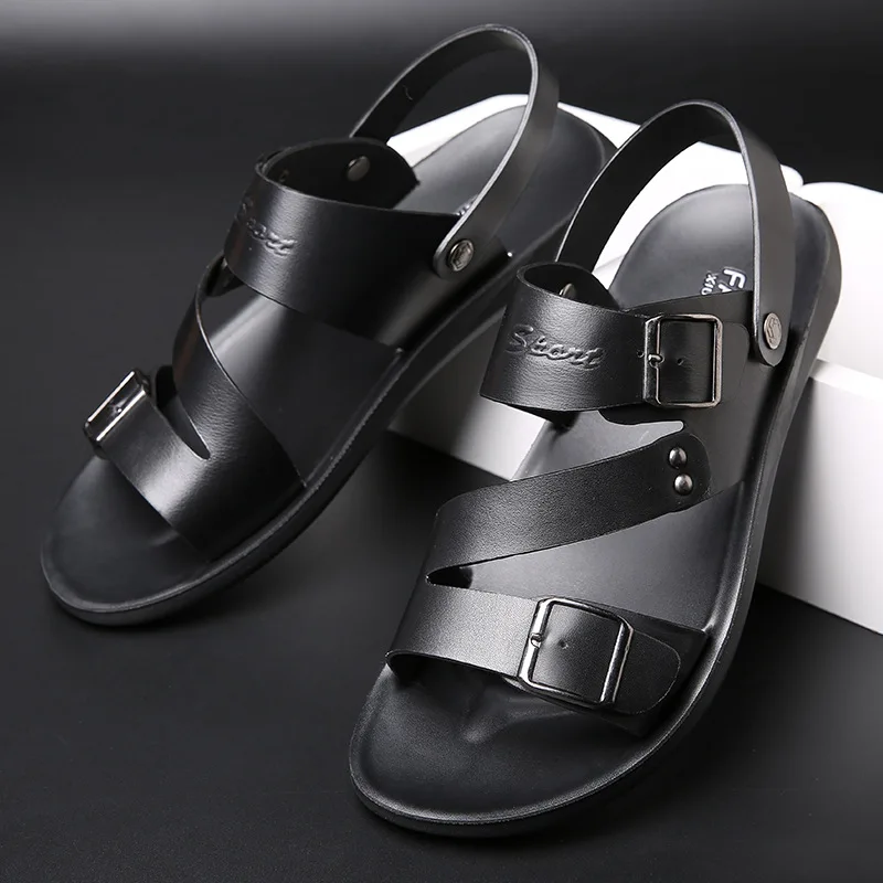 2023 Men's Sandals Solid Color PU Leather Men Summer Shoes Casual Comfortable Open Toe Sandals Soft Beach Footwear Male Shoes