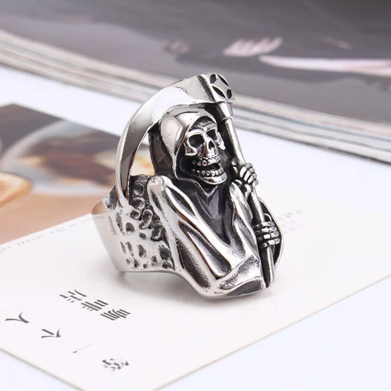 New Jewelry: European and American Vintage Titanium Steel Ring, God of Death Sickle, Personalized Skull Head, Male , Handpiece