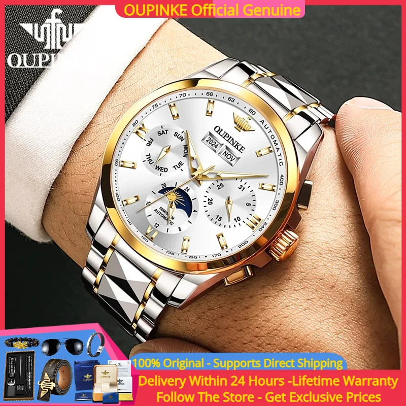 

OUPINKE 3201 Men Watch Luxury Brand Automatic Mechanical Watch Waterproof Luminous Moon Phase Chronograph Original Official