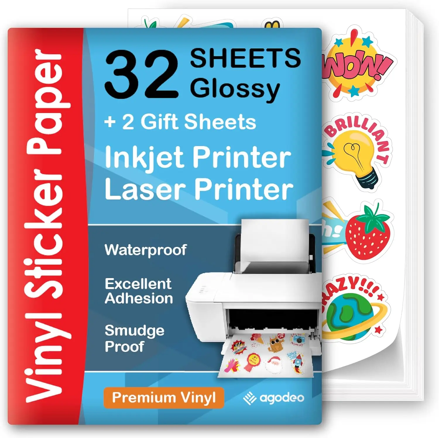 

High-Quality Printable Vinyl Sticker Paper - 32 Sheets Glossy White, Waterproof & Quick-Drying for Inkjet and Laser Printers