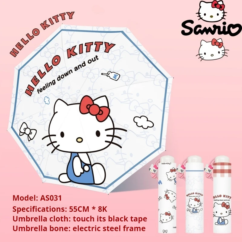 Sanrio שלום קיטי קרם הגנה על קרם הגנה מפני אור שמש וגשום יום גשום נייד קריקטורה ניידת שלוש מטריית קיפול