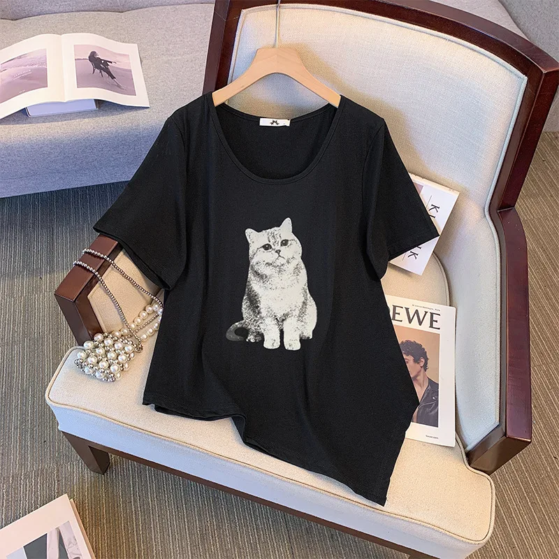 150Kg Plus Size Women's Bust 156 Summer Loose Retro Thin Short Sleeved T-Shirt Cat Print Top White Big 6XL 7XL 8XL 9XL 10XL