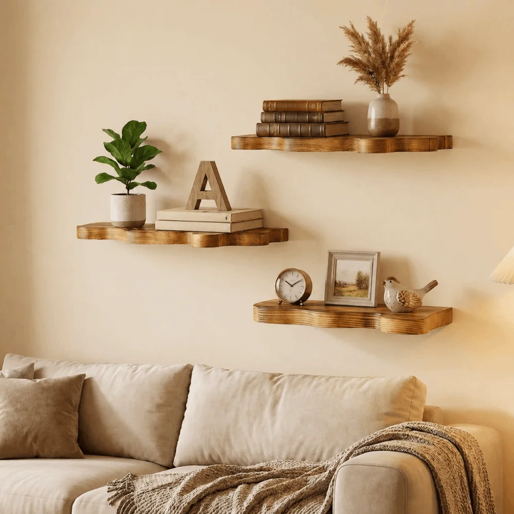 Wooden Cloud Shaped Wall Display Shelves Wall Mounted Rustic Multi-Layer Floating Shelf Decorative Picture Display Rack