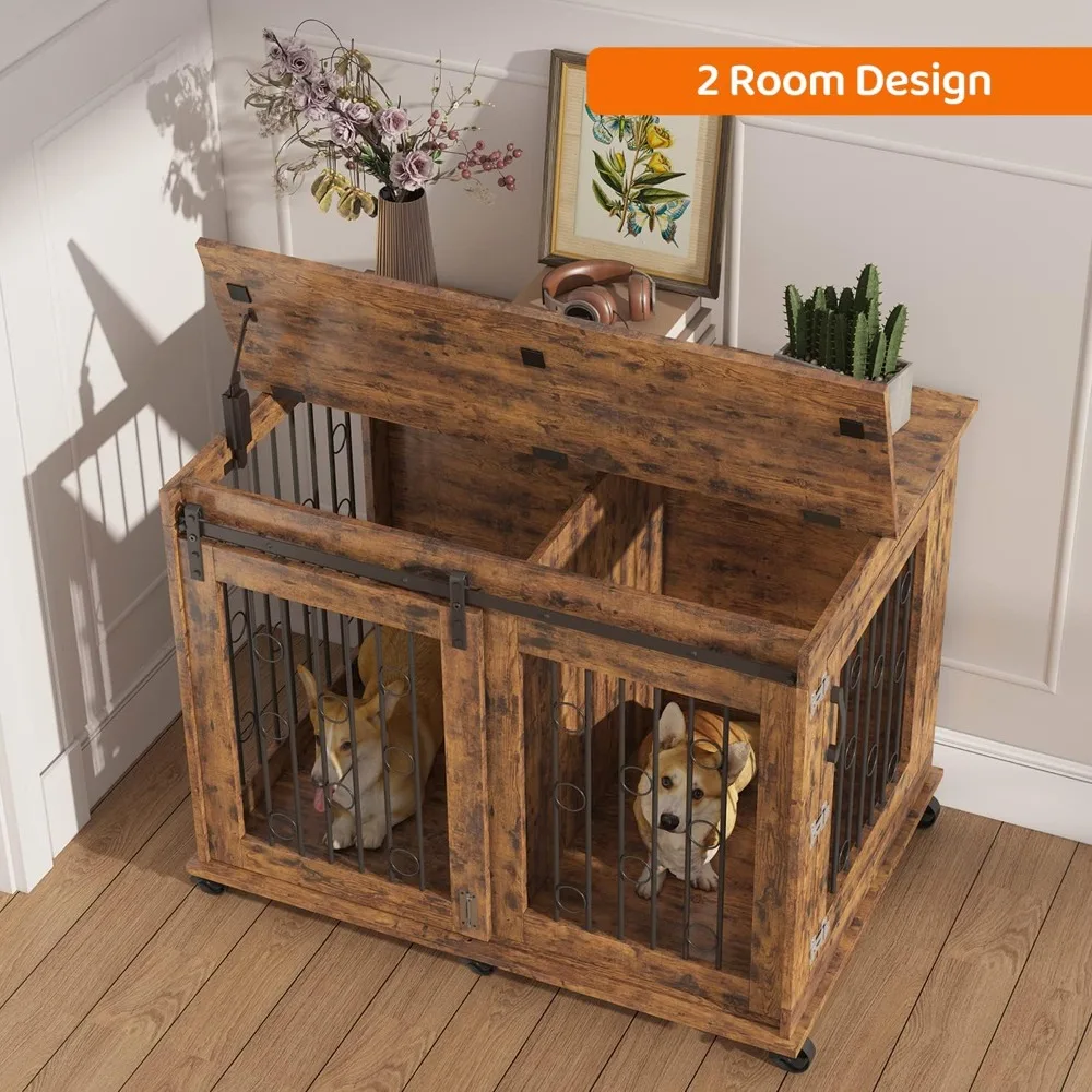 Large Dog Crate Furniture with Sliding Barn Door, 43.7